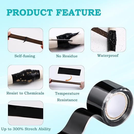 Self Fusing Silicone Tape 2 Rolls 1 in x 5' Black Waterproof Rubber Leak Proof - Image 3