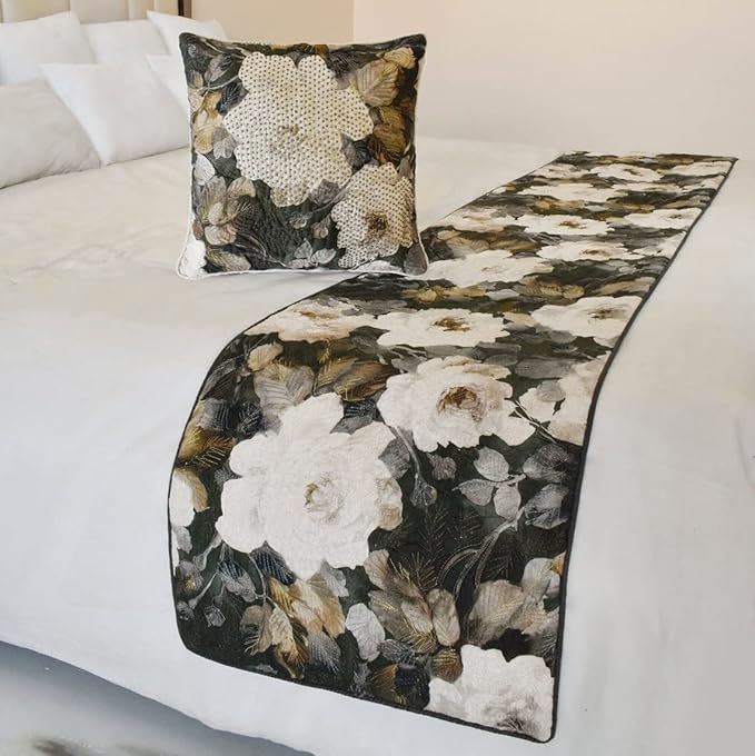 The HomeCentric King/Queen/Twin Gray & Brown Designer CA King 86"x18" Bed Runner Without Pillow Cover, Rose, Floral & Bead Embroidery Bed Scarf on Cotton Fabric - Rada