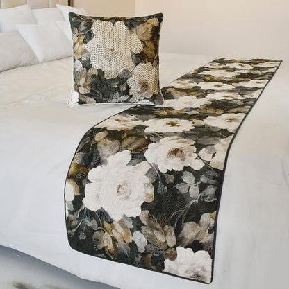 The HomeCentric King/Queen/Twin Gray & Brown Designer CA King 86"x18" Bed Runner Without Pillow Cover, Rose, Floral & Bead Embroidery Bed Scarf on Cotton Fabric - Rada