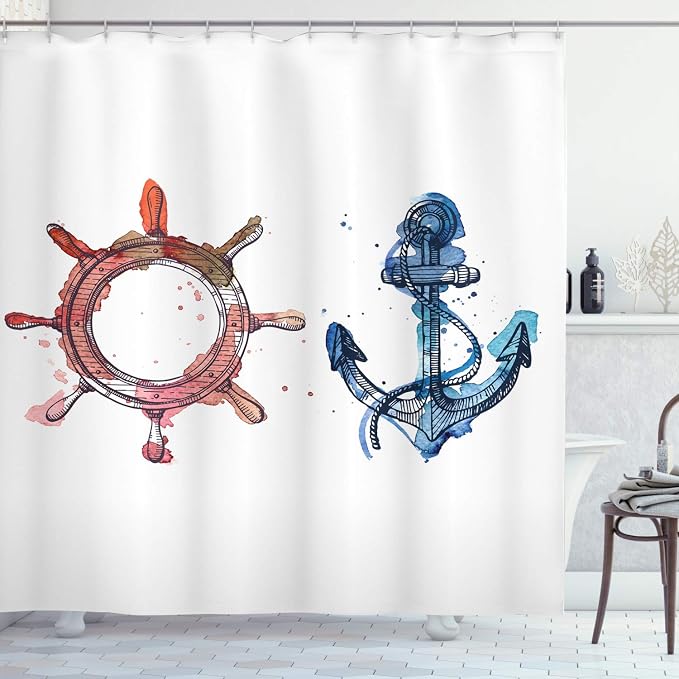 Ambesonne Nautical Shower Curtain, Illustration of an Anchor and Steering Wheel by Ambesonne