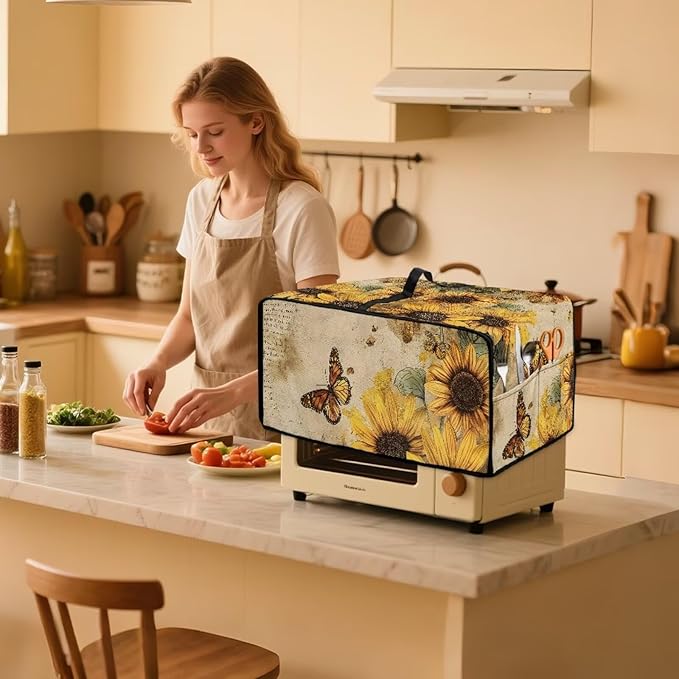 Microwave Oven Dust Cover Dust-Proof Sturdy Microwave Oven Cloth Cover Waterproof Kitchen Appliance Protector Suitable for Most Microwave Ovens, Vintage Sunflower Butterfly Letter Print, S