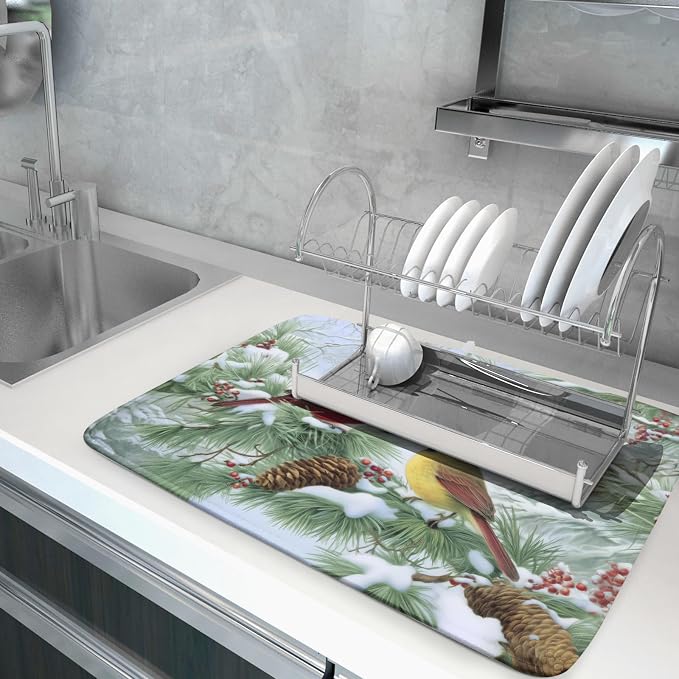 Winter Dish Drying Mat for Kitchen Counter Cardinal Birds Pine Trees Festival - Image 5