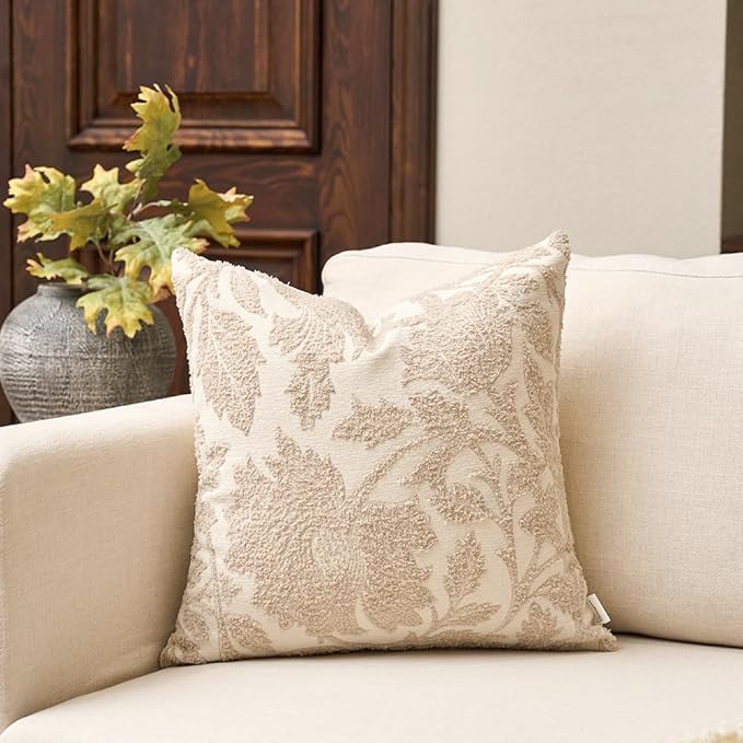 Yangest Chenille Floral Pillow Cover 18 x18 Inches, Neutral Jacquard Square Throw Pillow Cover Soft Decorative Nature Accent Couch Pillow Cover for Living Room Bedroom, Beige