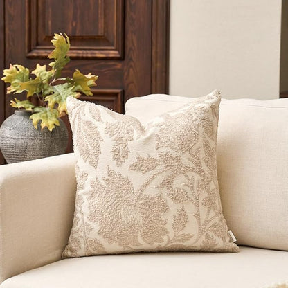Yangest Chenille Floral Pillow Cover 18 x18 Inches, Neutral Jacquard Square Throw Pillow Cover Soft Decorative Nature Accent Couch Pillow Cover for Living Room Bedroom, Beige