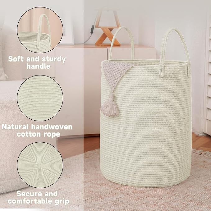 Large Woven Laundry Basket Hamper, 100L Cotton Rope Storage Bin - Image 6