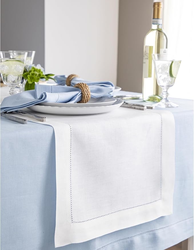 Solino Home Linen White Table Runner 120 Inches Long - 100% Pure Linen Hemstitch 14 x 120 Inch Table Runner for Dining, Holiday, Christmas, New Year - Classic Hemstitch