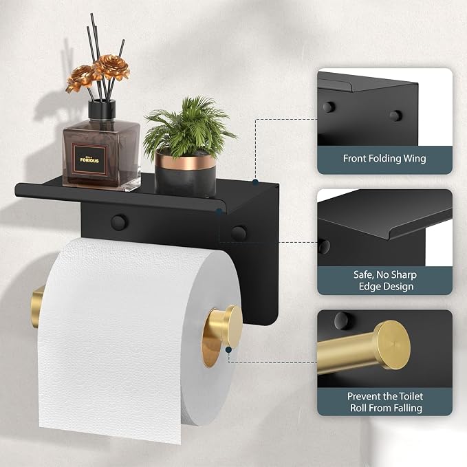 Toilet Paper Holder with Shelf, Adhesive or Screw Wall Mount Toilet Paper Roll - Image 4