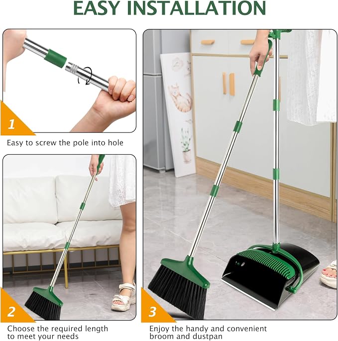 Broom and Dustpan Set with Long Handle, Light Weight Stainless Steel Poles - Image 6
