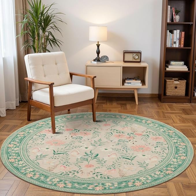 4ft Floral Round Rug, Washable Circle Rug, Non Slip Low Pile Carpet by Rugxara