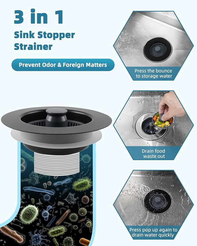 Universal 3 in 1 Kitchen Sink Drain Strainer Stopper Combo, Anti-Clog and Easy - Image 4
