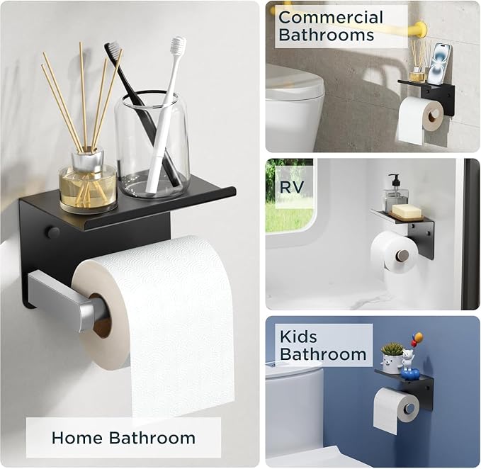 Toilet Paper Holder with Shelf, Adhesive or Screw Wall Mount Toilet Paper Roll - Image 6