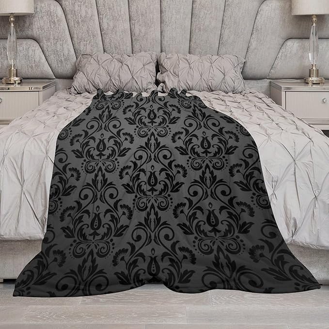 Black Damask Blanket, Antique Victorian Style Gothic Vintage Black Floral Bohemian Exotic Print Blanket for Sofa Bed Decor Fuzzy Blanket Twin, 40"x50"