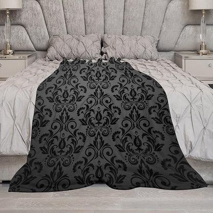 Black Damask Blanket, Antique Victorian Style Gothic Vintage Black Floral Bohemian Exotic Print Blanket for Sofa Bed Decor Fuzzy Blanket Twin, 40"x50"