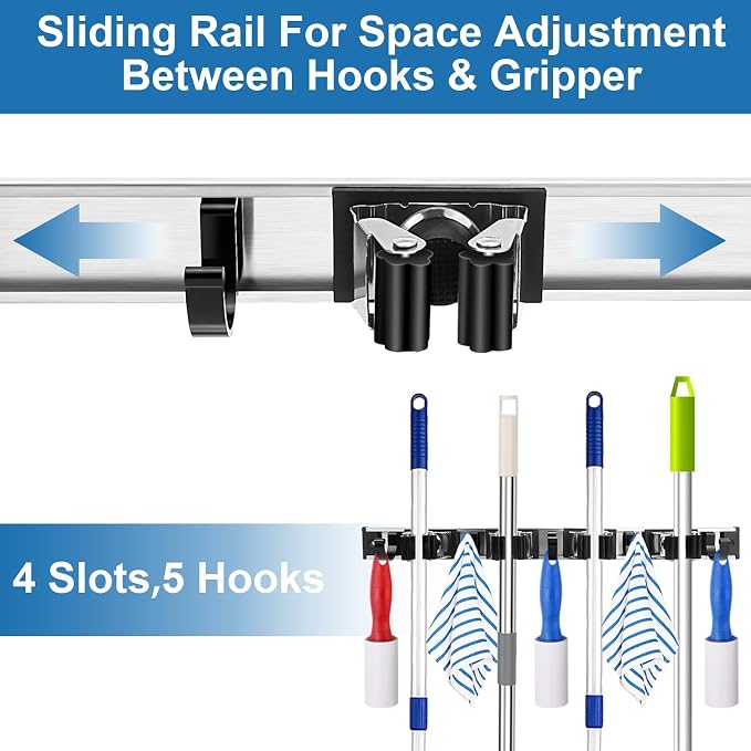 Piyl Mop and Broom Holder Wall Mount Metal Heavy Duty Utility Hooks Broom - Image 3