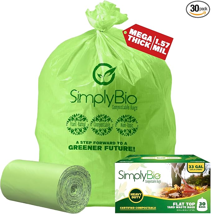 Simply Bio 30-33 Gallon Compostable Trash Bags Liners Flat-Top, Heavy Duty by SimplyBio