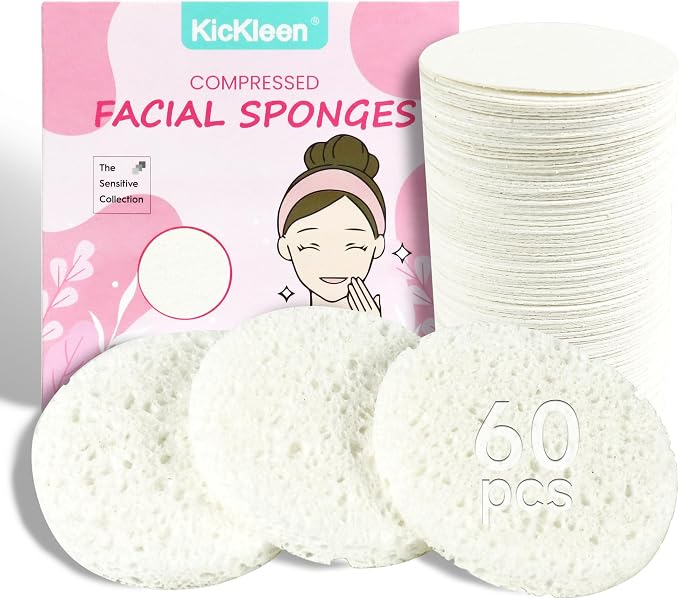 60-Count Compressed Facial Sponges|100% Natural Kickleen Cellulose Cosmetic Spa by KICKLEEN