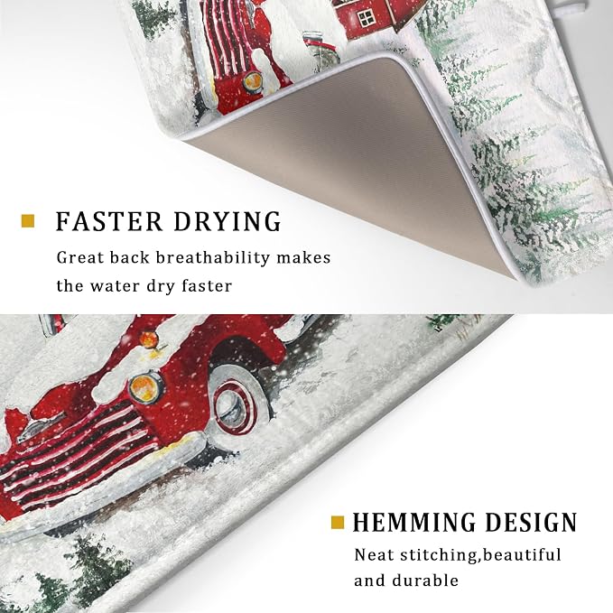 Winter Red Truck Dish Drying Mat Christmas Tree Dishes Pad 18x24 Inch Dish - Image 3