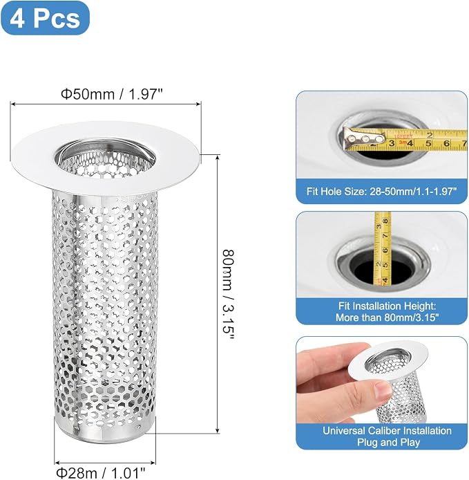 uxcell 4 Pack Shower Drain Strainer, 3.2" x 2" 304 Stainless Steel Floor Drain - Image 2
