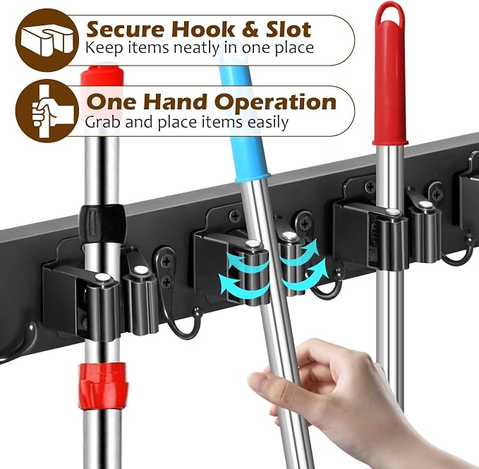 Mop and Broom Holder Over the Door, Wood Broom Hanger, Broom and Mop Organizer - Image 5