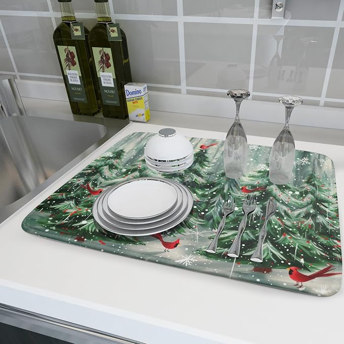 Winter Pine Tree Dish Drying Mat Red Bird Berry Dishes Drainer Mats Absorbent - Image 6