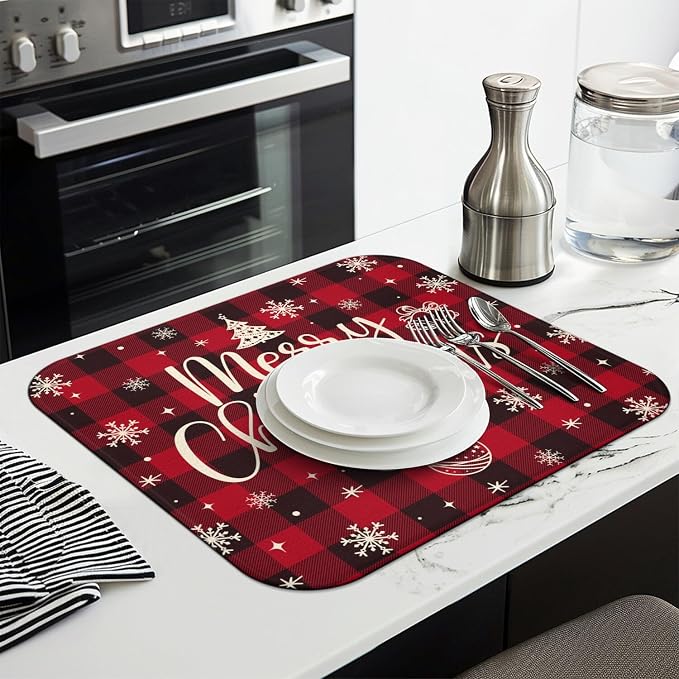 Christmas Kitchen Countertop Dish Drying Mat, Washable Absorbent Countertop - Image 3