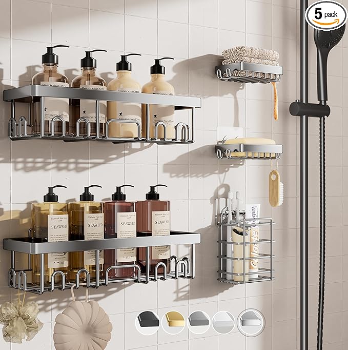 Veken Adhesive Shower Caddy 5-Pack, Heavy Weight Bearing, Large Wall Mounted by Veken