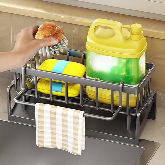 Kitchen Sink Organizer with Drain Tray, Sponge Holder, Brush Storage, - Image 4