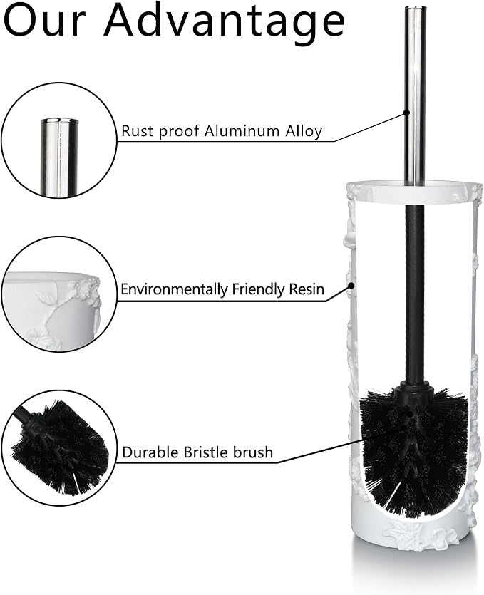 White Floral Branches Design Resin Toilet Bowl Brush and Holder Set, Elegant - Image 2