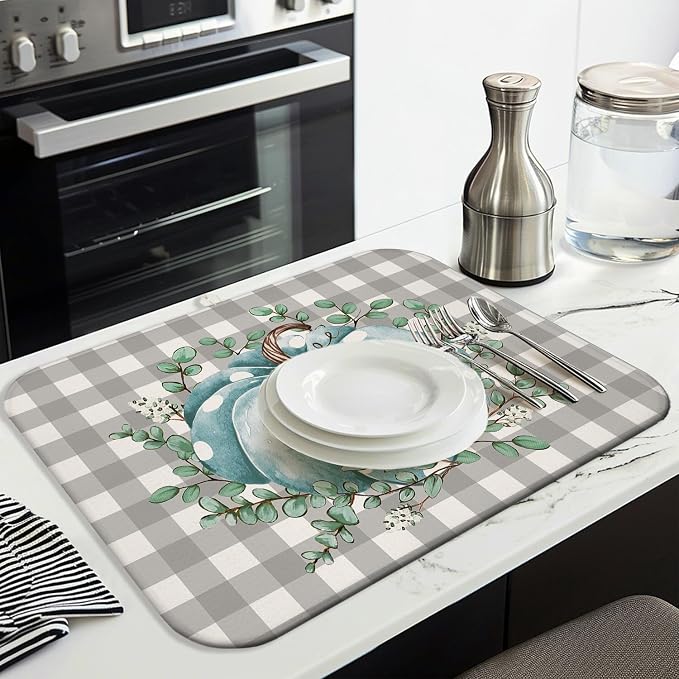 Fall Dish Drying Mat for Kitchen Counter, Buffalo Plaid Blue Pumpkin Pattern - Image 4