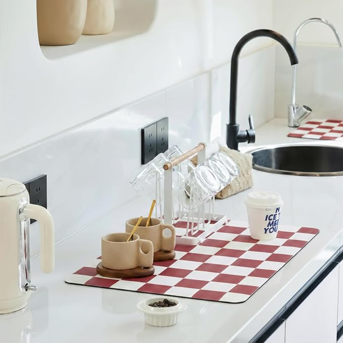 Red Checkered Dish Drying Mat for Kitchen Counter, Coffee Bar Station by Ohocut