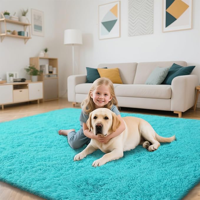 Teal Blue Rug Fluffy Rugs, 3x7 Teal Area Rugs for Bedroom, Soft Cute Baby Play Mat, Indoor Floor Carpet for Teen, Nursery, Preppy Dorm, Plush Aesthetic Bedside Rug