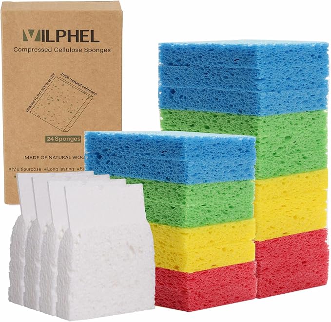 Compressed Natural Cellulose Sponges 24 Pack Regular Size Multicolor Soft by NaturalSponges