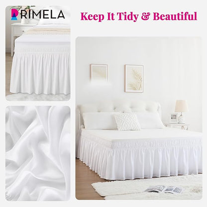 RIMELA White Bed Skirt Queen Size 12 Inch Drop, Elastic Bed Skirting for Bed Base and Frame, Bedding Dust Ruffle Easy to Install, Lightweight Wrap Around Adjustable Bedskirt