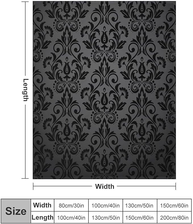 Black Damask Blanket, Antique Victorian Style Gothic Vintage Black Floral Bohemian Exotic Print Blanket for Sofa Bed Decor Fuzzy Blanket Twin, 40"x50"
