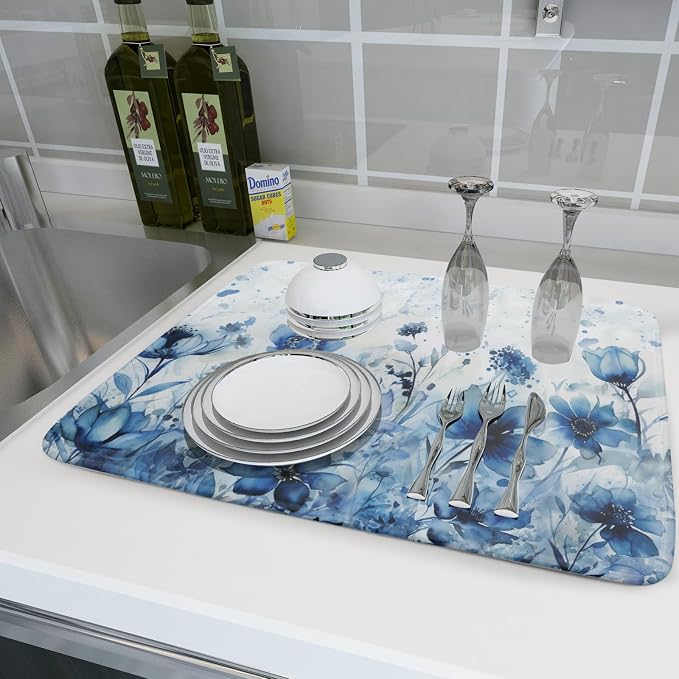 Giwawa Blue Floral Dish Drying Mat - Image 6
