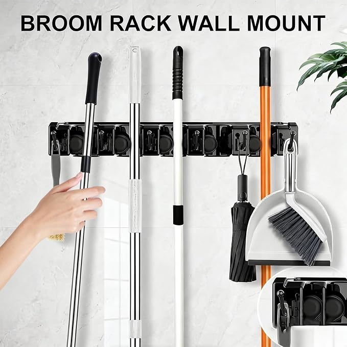 Wall Mount Broom and Mop Holder, Heavy Duty Long Handle Garden Tool Organizer - Image 3