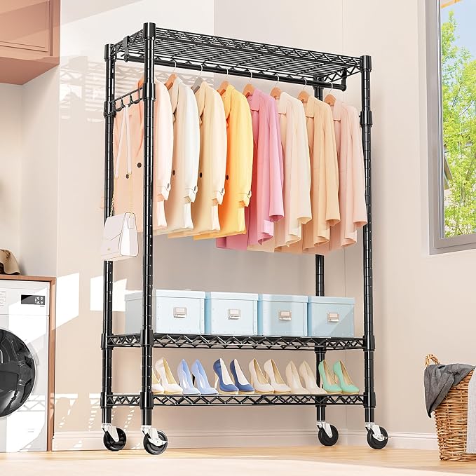 Heavy Duty Rolling Garment Rack 3 Tiers Adjustable Wire Shelving Clothes Rack - Image 4