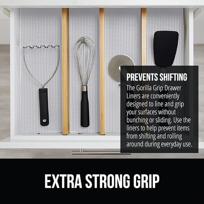 GORILLA GRIP powerGRIP Drawer Shelf and Cabinet Liner, Thick Strong Hold, Non-Adhesive Liners Protect Kitchen Cabinets and Cupboard, Bathroom Drawers, Easy Install, Breathable Mat, 24" x30' Light Gray