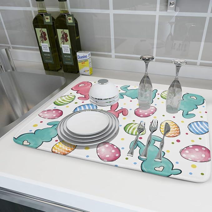 Easter Dish Drying Mat for Kitchen Counter Colorful Bunny Holiday Microfiber - Image 6