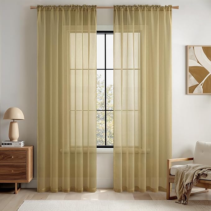 MIULEE 2 Panels Solid Color Sheer Window Curtains Elegant Window Voile Panels/Drapes/Treatment for Bedroom Living Room (54X72 Inches Dark Gold)