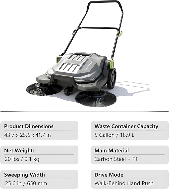 Walk-Behind Hand Push Floor Sweeper, 25.6" Sweeping Width Manual Non-Electric - Image 8