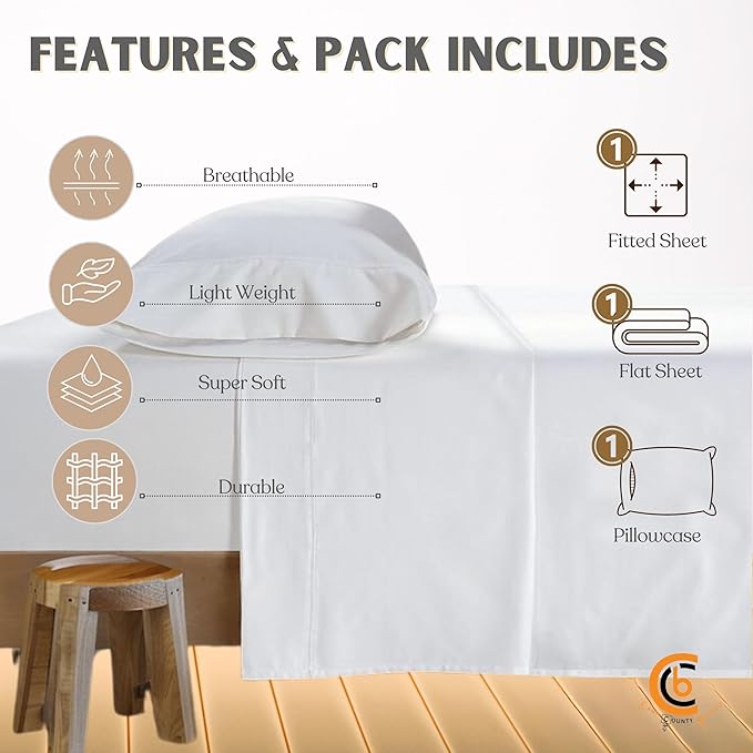 Twin Size Cot Sheet Set 31" x 75" x 9" 3 Piece - Cot Size Fitted Sheets fits Upto 9" with Narrow Twin/Camp Bunk/Rvs Bunk/Guest Beds/Trifold Mattress,Twin Sheet Set, White