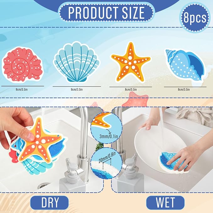 Whaline 8Pcs Starfish Shell Kitchen Sponges Water Absorbing Dish Washing Sponge - Image 2