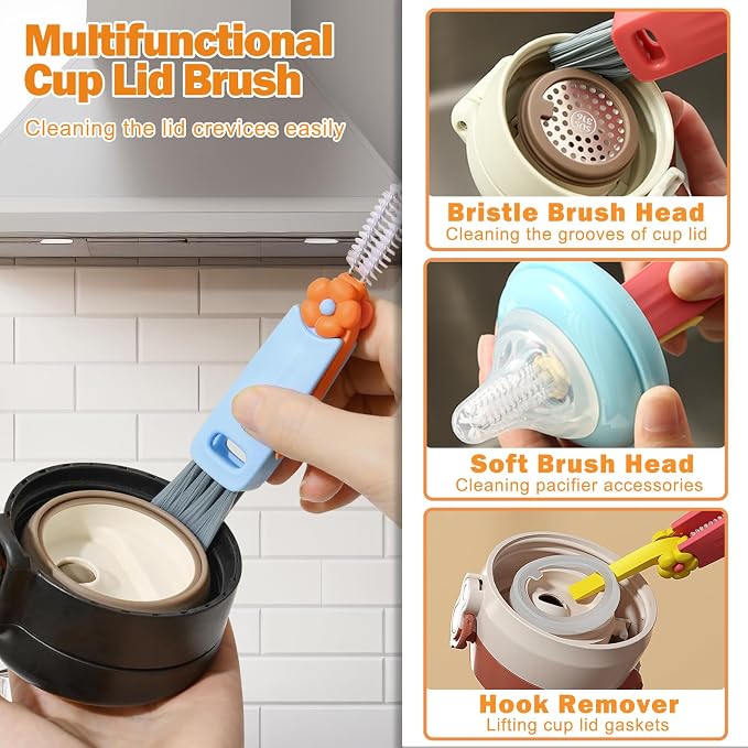 FANTEXY 3 in 1 Cup Lid Cleaning Brush Set, 3 Pieces Multifunctional Bottle - Image 3