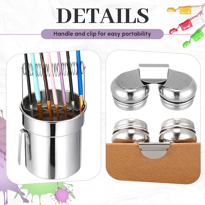 2 Pcs Paint Brush Cleaner Set Stainless Steel Double Dipper Palette Cup Paint - Image 3