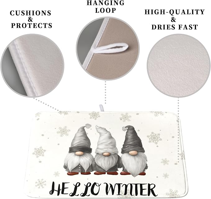 Winter Gnome Dish Drying Mat for Kitchen Counter 18x24 Christmas Snowflakes - Image 3