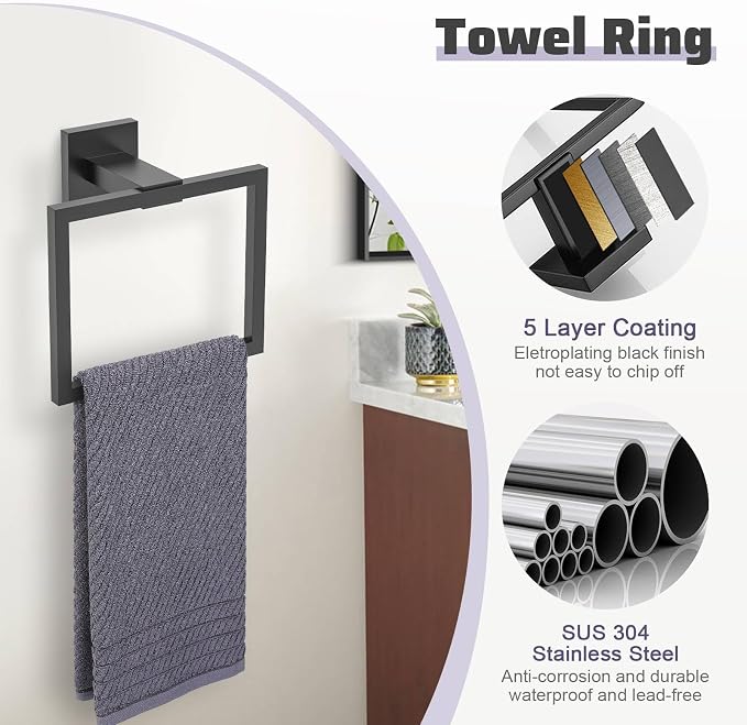 TNOMS Matte Black Towel Bar Set 5-Piece Bathroom Hardware Accessories Set - Image 4