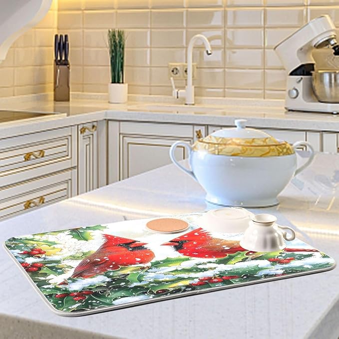 Red Cardinals Holly Bush Christmas Dish Drying Mat - Image 6