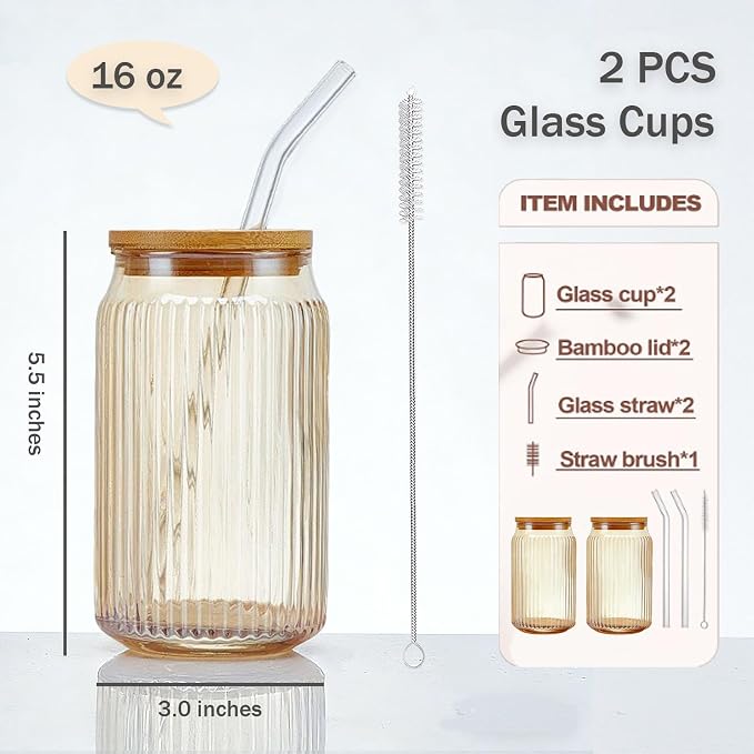 2 PCS Glass cups with Lids and Straws, 16 OZ Iced Coffee Cups, Ribbed Glass - Image 3