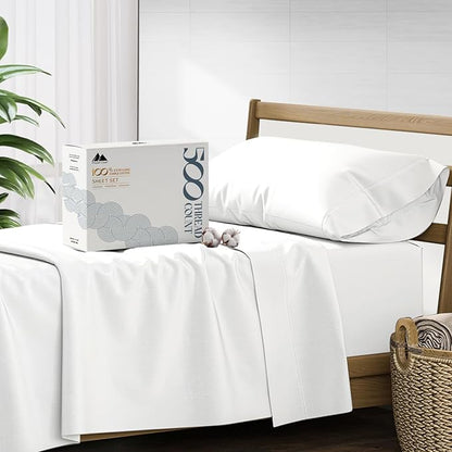 Mayfair Linen Twin Sheet Sets Cotton - 500 Thread Count 100% Cotton Twin Sheets, 3 PC (White), Luxury Soft, Breathable, Cooling, Extra Large 16" Deep Pocket Sateen Weave Bedsheet Set for Dorm Rooms